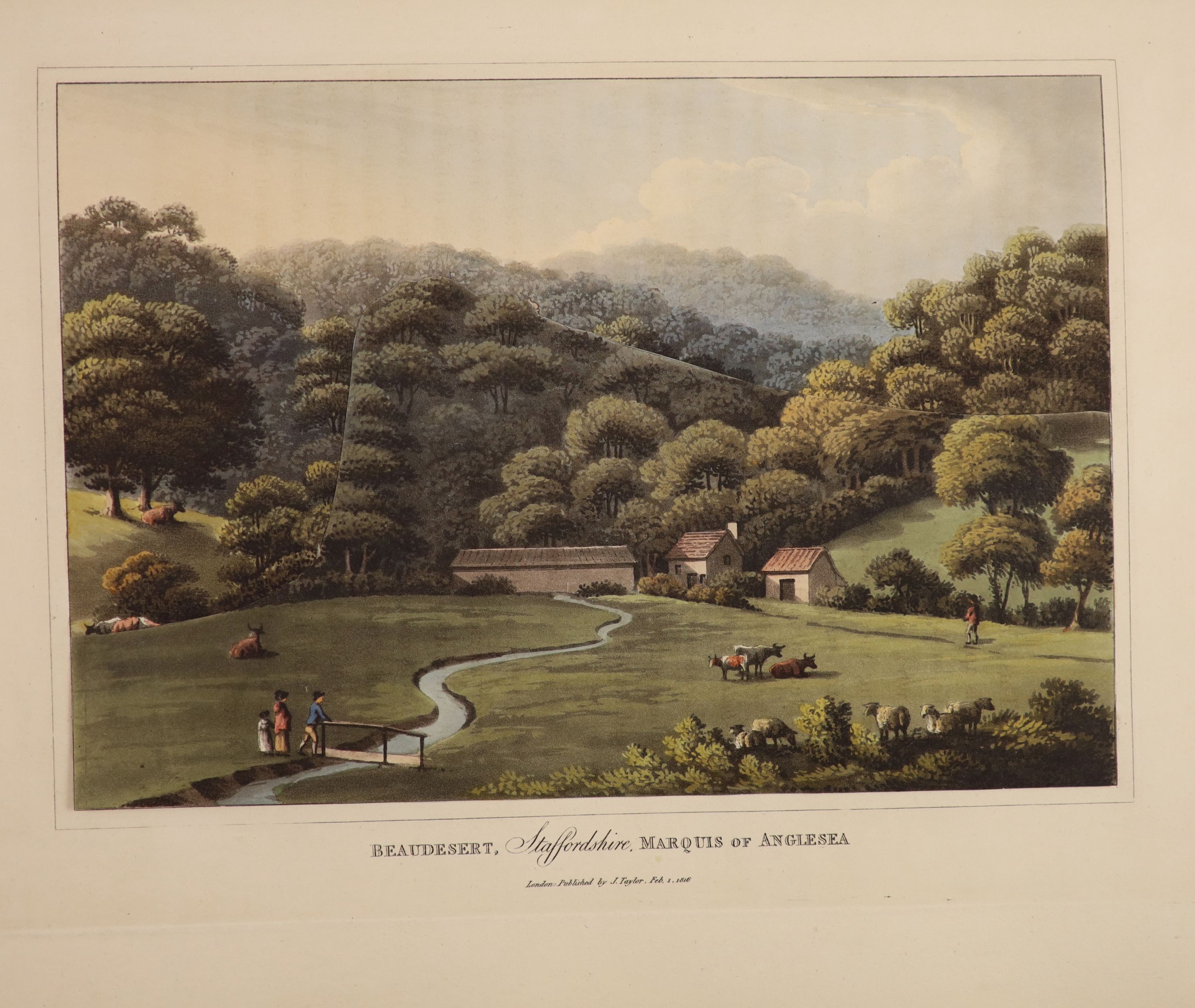 Repton, Humphry and John Adey - Fragments on the Theory and Practice of Landscape Gardening, qto, calf gilt, with 43 plates, comprising uncoloured woodcut plan, 21 hand-coloured aquatints, (of which 2 double-page, 8 with